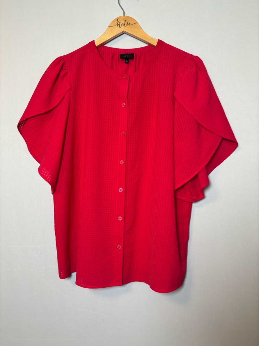 Who What Wear Top Bright Red Gingham Button Down Petal Sleeve Blouse Sz Large